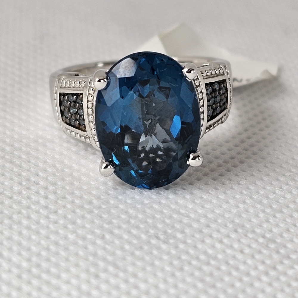 Natural London Blue Topaz & Teal Diamond Ring in Sterling Silver Sz 9! - Picture 7 of 16